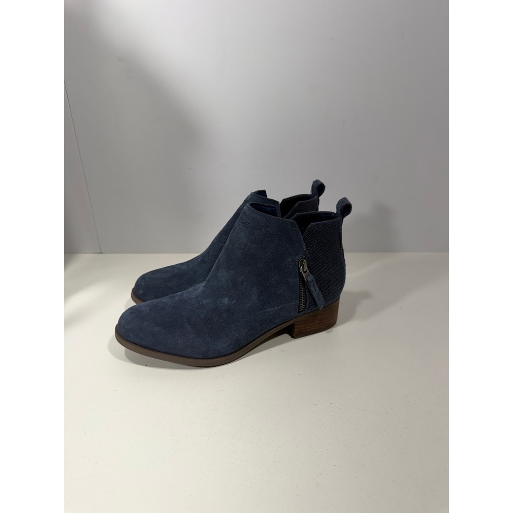 TOMS Deia Navy Blue Suede Ankle‎ Boots Womens 6.5 Stacked Heel Booties 10016187